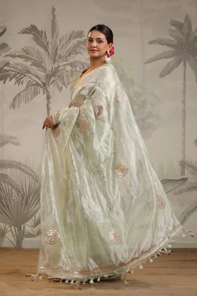 Buy Party Wear Pista Green Embroidery Work Tissue Silk Saree