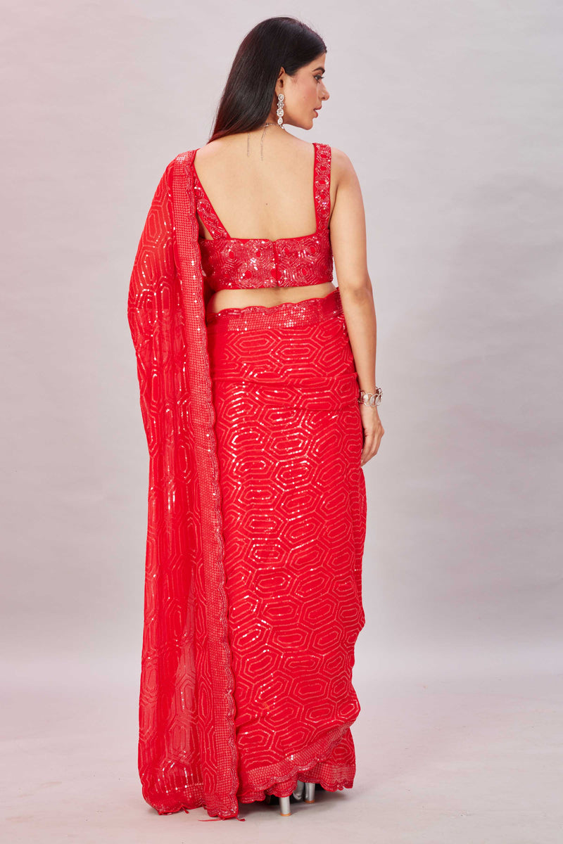 Newest Blood Red Embroidered Georgette Silk Saree || Red Sequins Party Sari || Sequins Work Saree ||SareeShipsfromUSA ||PiranUSACloset||