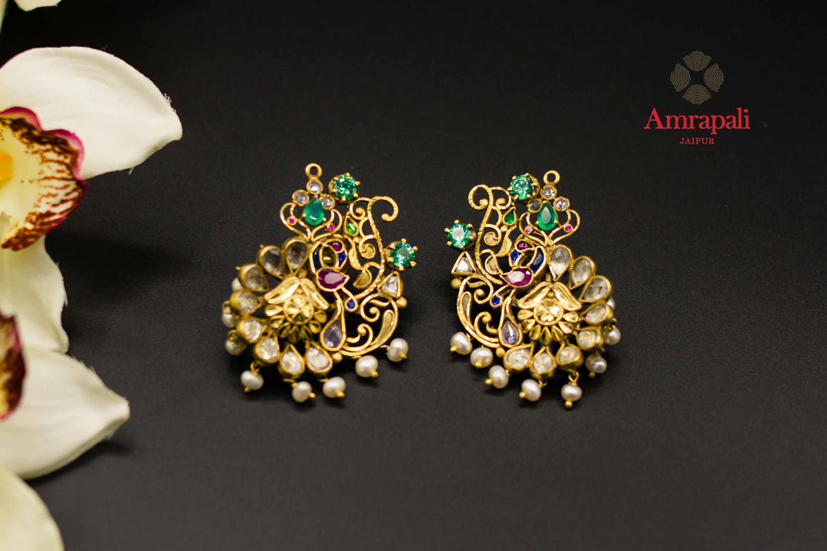 20C268 Colorful Glass and Pearl Silver Gold Plated Peacock Earrings