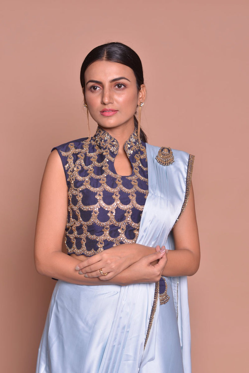 Shop Light Blue Drape Saree With Mirror Work Online in USA – Pure