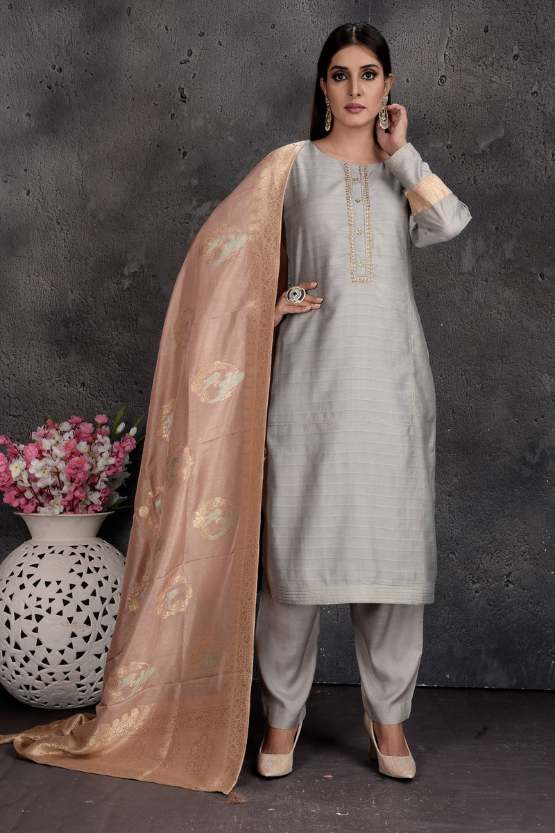 Shop Grey Embroidered Pant Suit Online in USA with Black Dupatta – Pure  Elegance