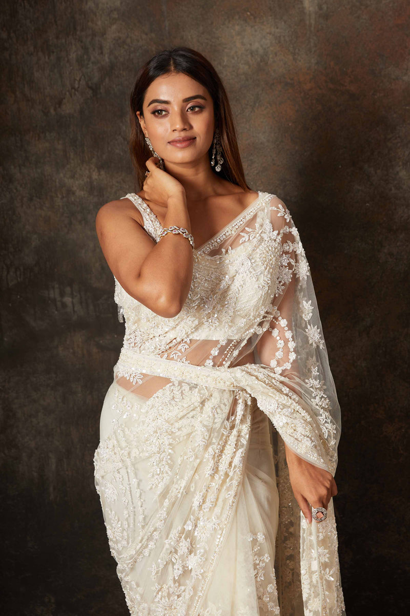 Shop Cream Net Hand Embroidery Saree with Blouse Online in USA – Pure  Elegance