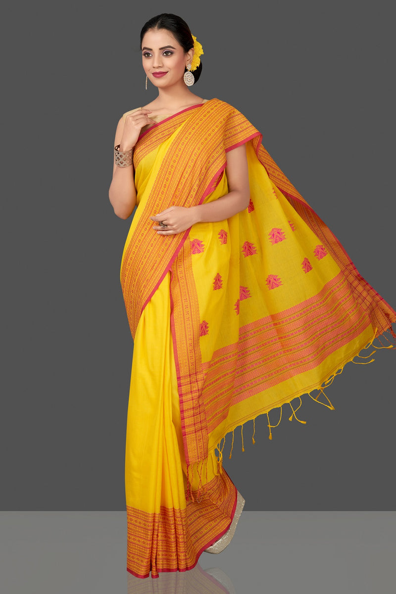 Handwoven Pure Soft Cotton Assam high quality Saree with Yellow and Blue