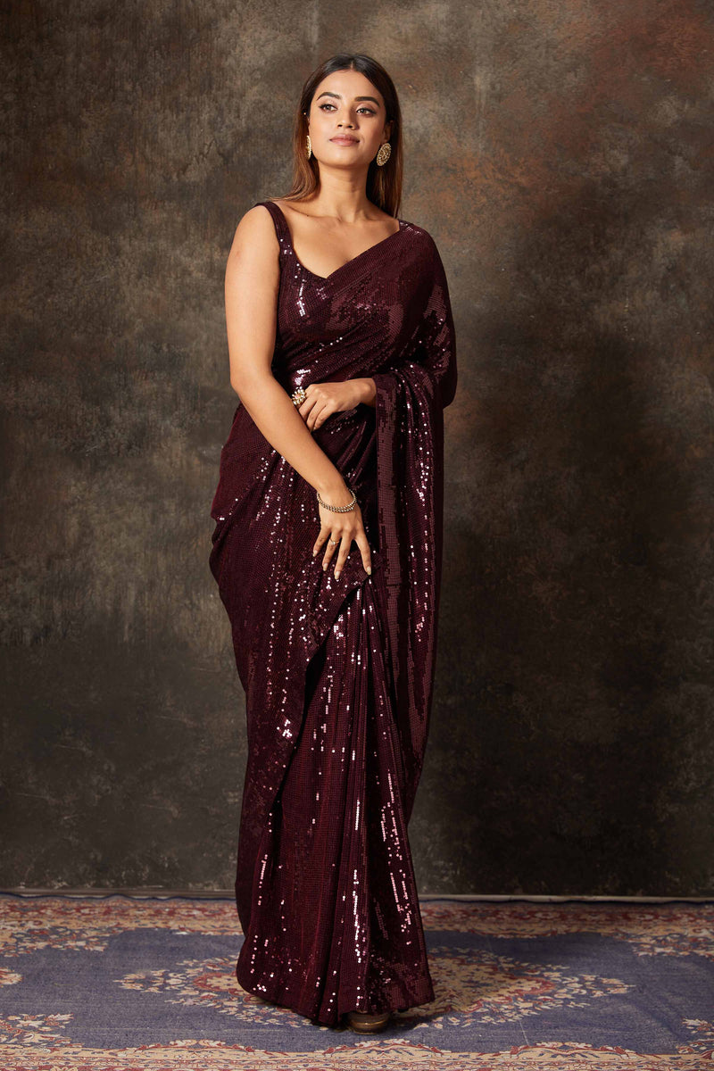 Wine Embroidered Georgette Silk Saree || Dark cheapest Purple Party Sari || Sequins Work Saree ||SareeShipsfromUSA ||PiranUSACloset||