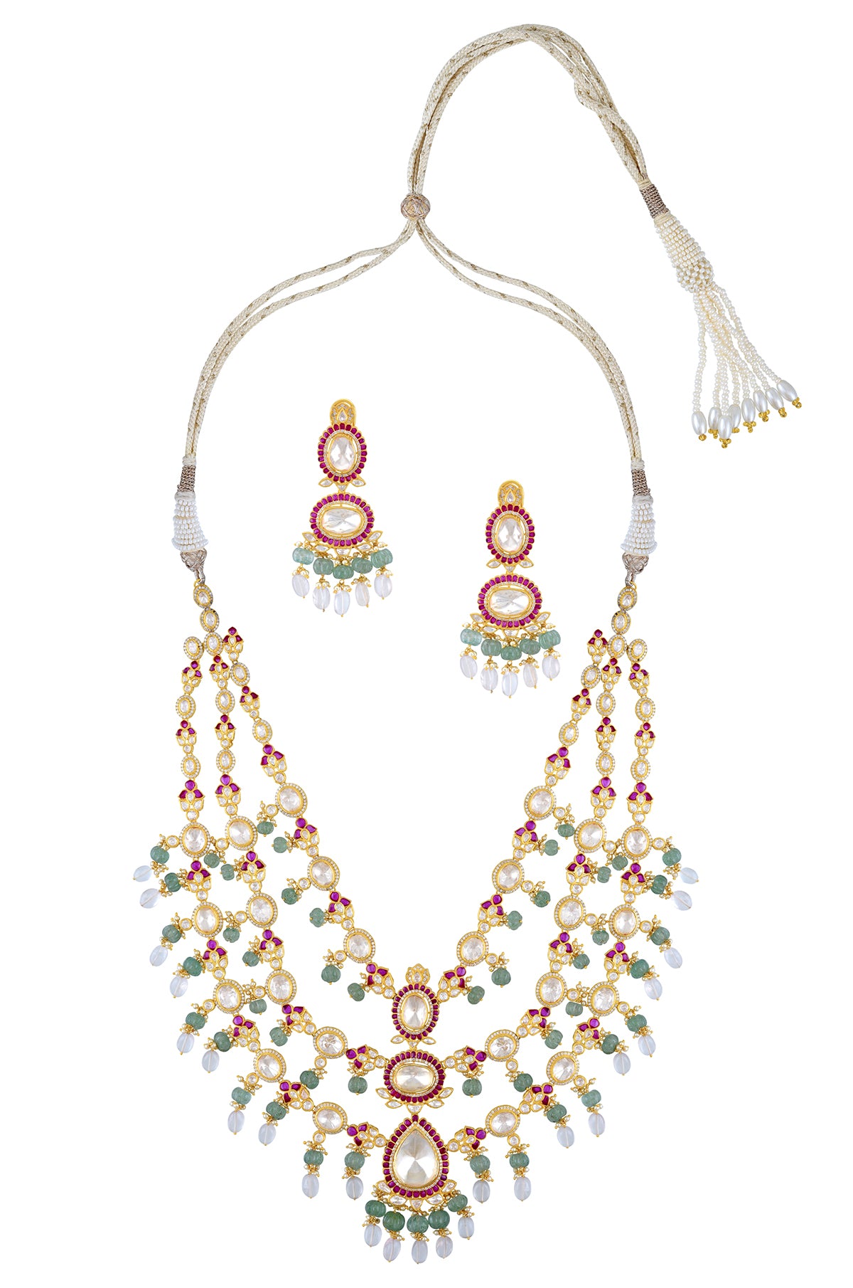 Buy layered glass and pearl handcrafted necklace set online in USA. Elevate your traditional look with royal Amrapali jewelry, silver plated jewelry, gold plated jewelry, gold plated necklace, silver earrings, silver bangles from Pure Elegance Indian fashion store in USA.-front