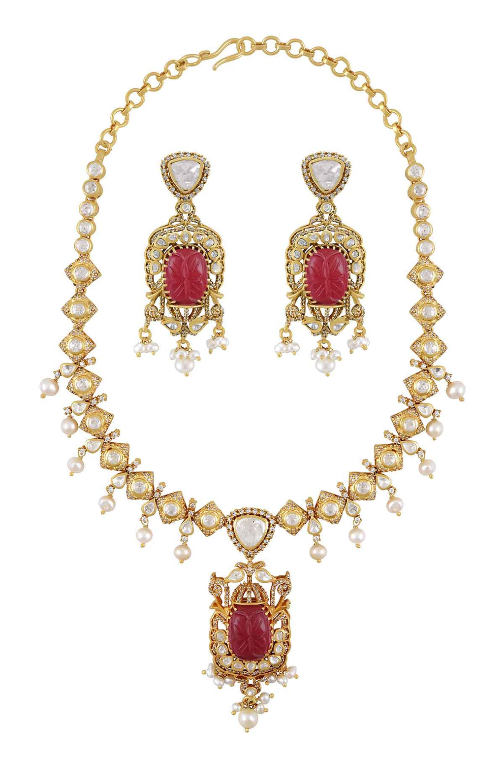 Buy gold plated necklace set online in USA with glass and colored stones. Elevate your traditional look with royal Amrapali jewelry, silver plated jewelry, gold plated jewelry, gold plated necklace, silver earrings, silver bangles from Pure Elegance Indian fashion store in USA.-front