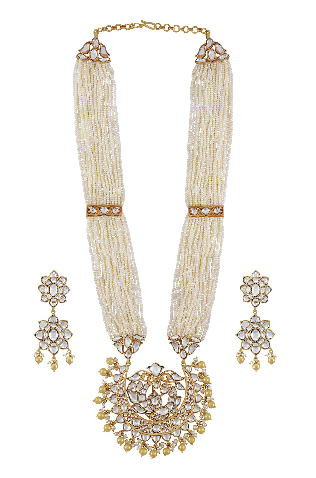 Shop pearl and glass long gold plated necklace set online in USA. Elevate your traditional look with royal Amrapali jewelry, silver plated jewelry, gold plated jewelry, gold plated necklace, silver earrings, silver bangles from Pure Elegance Indian fashion store in USA.-front