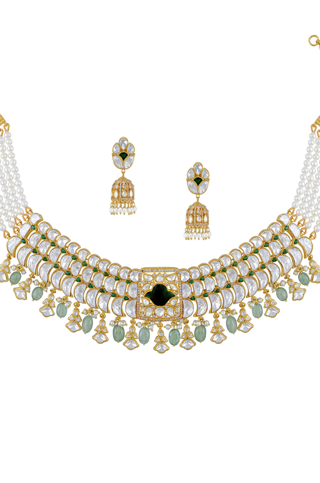 Shop glass pearl and zircon necklace online in USA with earrings. Elevate your traditional look with royal Amrapali jewelry, silver plated jewelry, gold plated jewelry, gold plated necklace, silver earrings, silver bangles from Pure Elegance Indian fashion store in USA.-full view