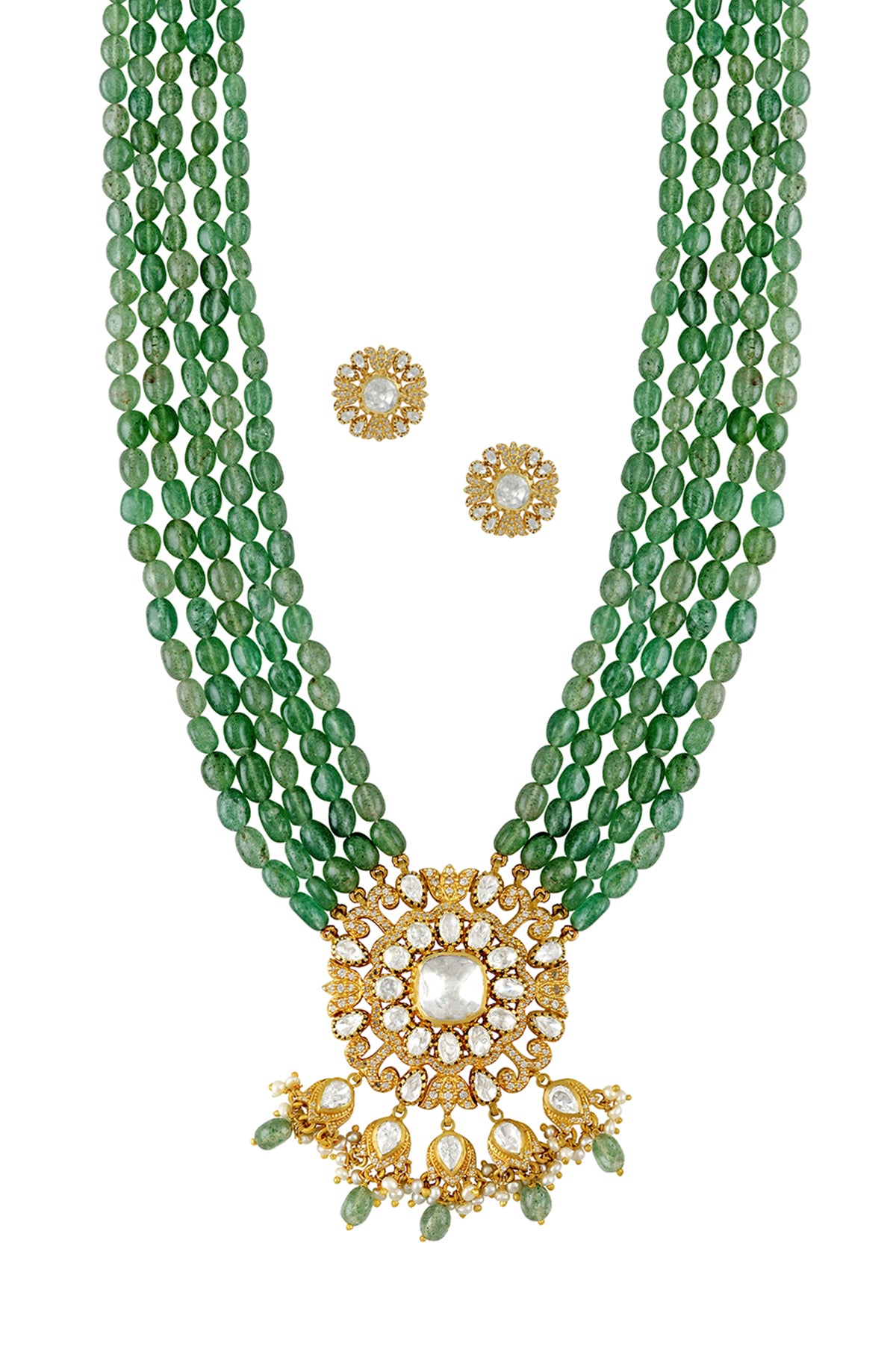 Buy green stone strings necklace online in USA with gold plated pendant. Elevate your traditional look with royal Amrapali jewelry, silver plated jewelry, gold plated jewelry, gold plated necklace, silver earrings, silver bangles from Pure Elegance Indian fashion store in USA.-front