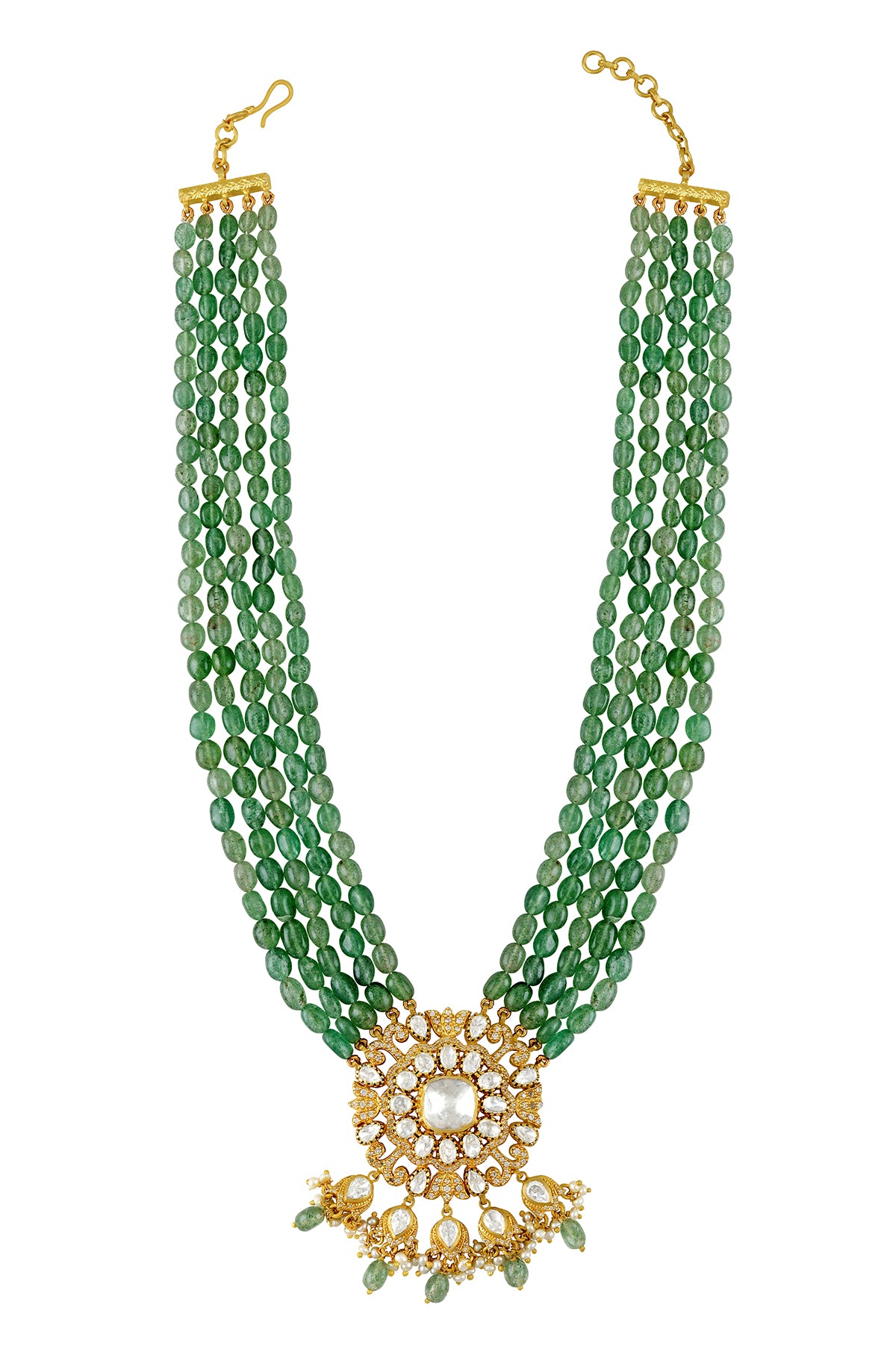 Buy green stone strings necklace online in USA with gold plated pendant. Elevate your traditional look with royal Amrapali jewelry, silver plated jewelry, gold plated jewelry, gold plated necklace, silver earrings, silver bangles from Pure Elegance Indian fashion store in USA.-long necklace