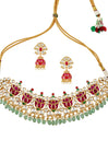 Shop beautiful colored stone and glass necklace set online in USA with jhumki earrings. Elevate your traditional look with royal Amrapali jewelry, silver plated jewelry, gold plated jewelry, gold plated necklace, silver earrings, silver bangles from Pure Elegance Indian fashion store in USA.-front