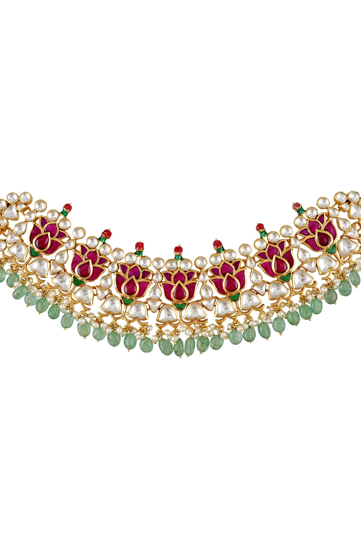 Shop beautiful colored stone and glass necklace set online in USA with jhumki earrings. Elevate your traditional look with royal Amrapali jewelry, silver plated jewelry, gold plated jewelry, gold plated necklace, silver earrings, silver bangles from Pure Elegance Indian fashion store in USA.-closeup