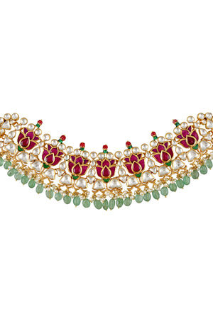 Shop beautiful colored stone and glass necklace set online in USA with jhumki earrings. Elevate your traditional look with royal Amrapali jewelry, silver plated jewelry, gold plated jewelry, gold plated necklace, silver earrings, silver bangles from Pure Elegance Indian fashion store in USA.-closeup