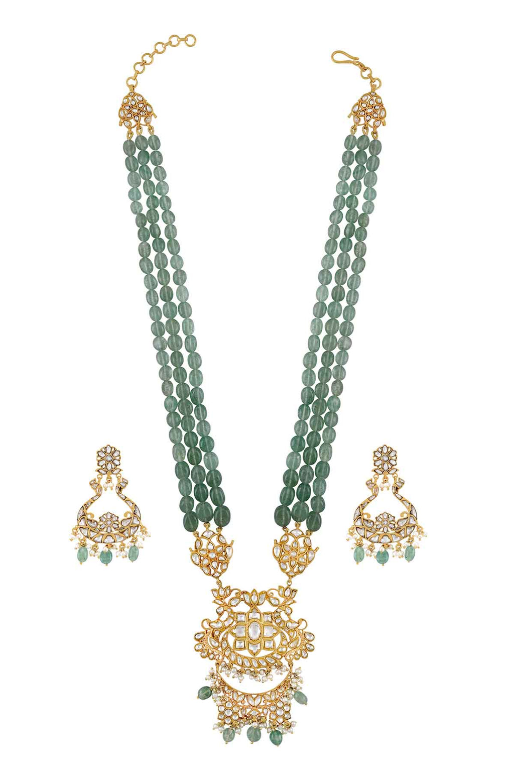 Buy green colored stone string necklace online in USA with chandbali. Elevate your traditional look with royal Amrapali jewelry, silver plated jewelry, gold plated jewelry, gold plated necklace, silver earrings, silver bangles from Pure Elegance Indian fashion store in USA.-front
