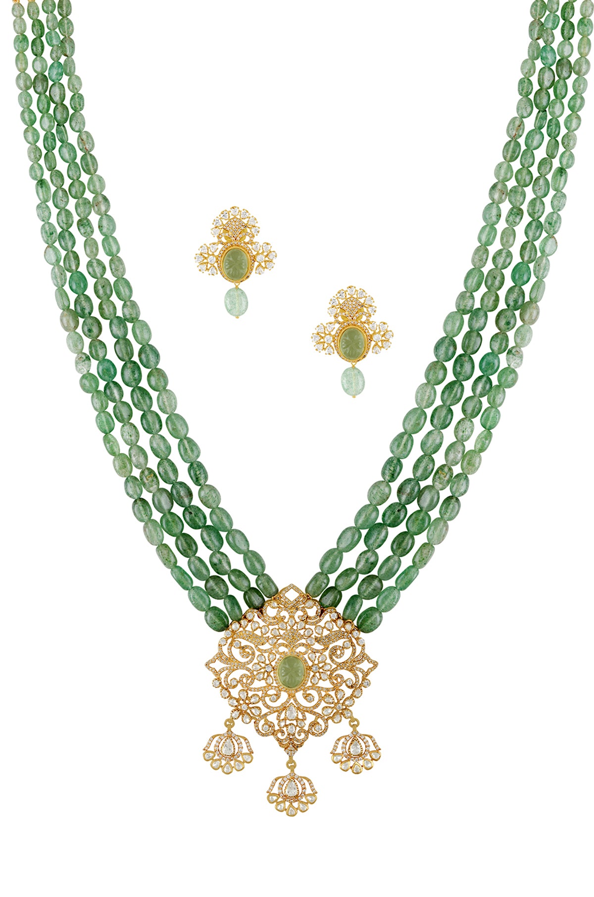 Buy green color string zircon glass necklace set online in USA with earrings. Elevate your traditional look with royal Amrapali jewelry, silver plated jewelry, gold plated jewelry, gold plated necklace, silver earrings, silver bangles from Pure Elegance Indian fashion store in USA.-front