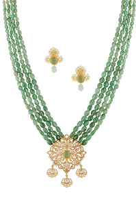 Buy green color string zircon glass necklace set online in USA with earrings. Elevate your traditional look with royal Amrapali jewelry, silver plated jewelry, gold plated jewelry, gold plated necklace, silver earrings, silver bangles from Pure Elegance Indian fashion store in USA.-front