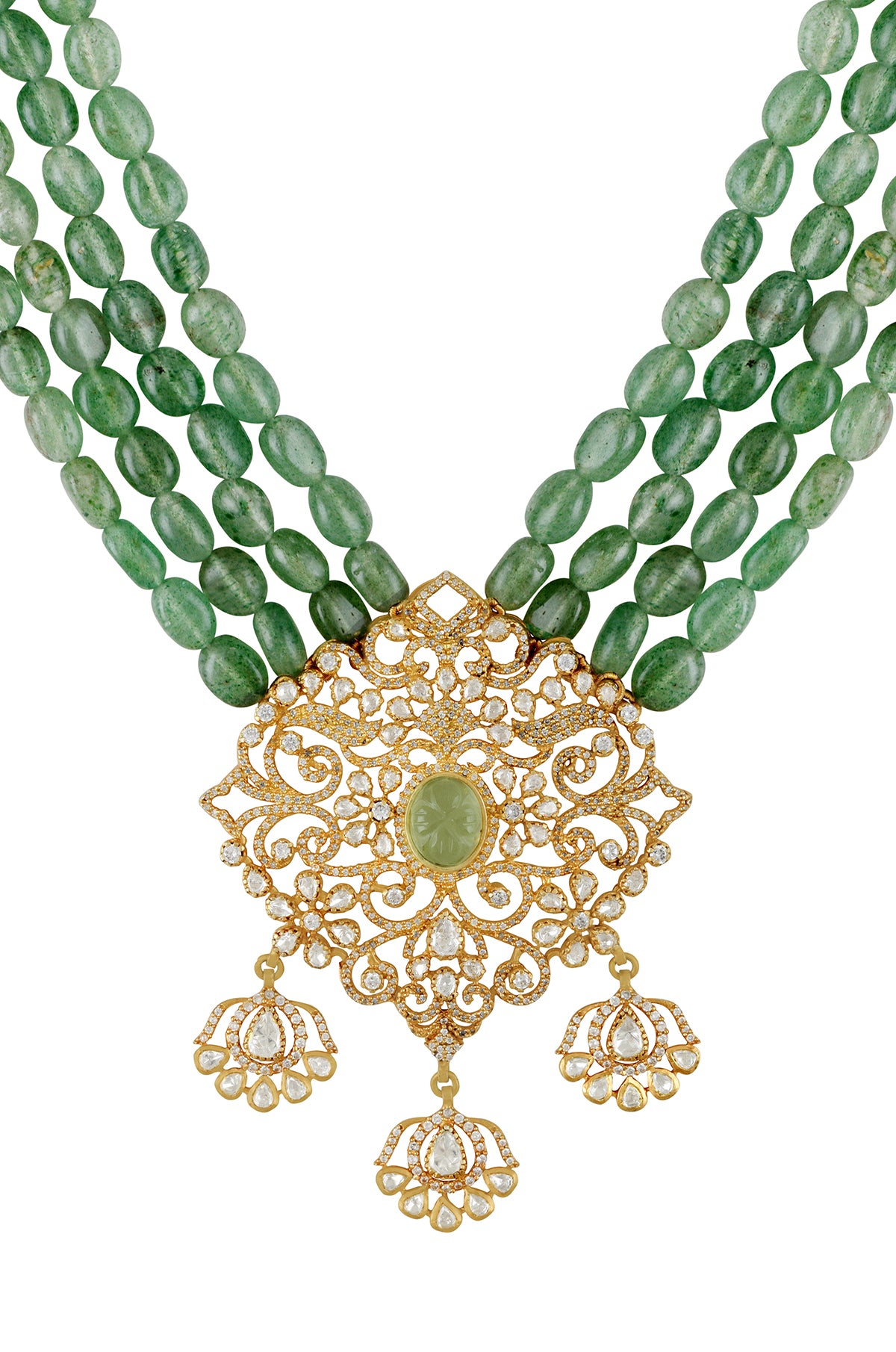 Buy green color string zircon glass necklace set online in USA with earrings. Elevate your traditional look with royal Amrapali jewelry, silver plated jewelry, gold plated jewelry, gold plated necklace, silver earrings, silver bangles from Pure Elegance Indian fashion store in USA.-closeup