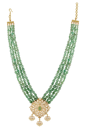 Buy green color string zircon glass necklace set online in USA with earrings. Elevate your traditional look with royal Amrapali jewelry, silver plated jewelry, gold plated jewelry, gold plated necklace, silver earrings, silver bangles from Pure Elegance Indian fashion store in USA.-necklace