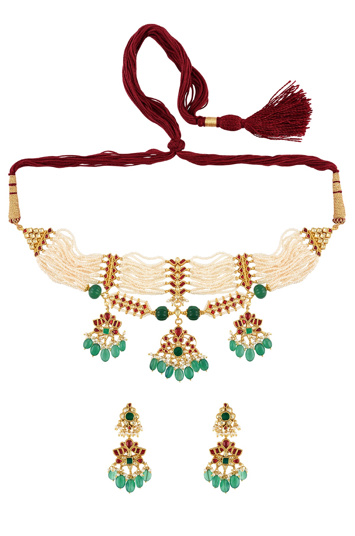 Buy pearl strings gold plated multicolor glass choker set online in USA. Elevate your traditional look with royal Amrapali jewelry, silver plated jewelry, gold plated jewelry, gold plated necklace, silver earrings, silver bangles from Pure Elegance Indian fashion store in USA.-front