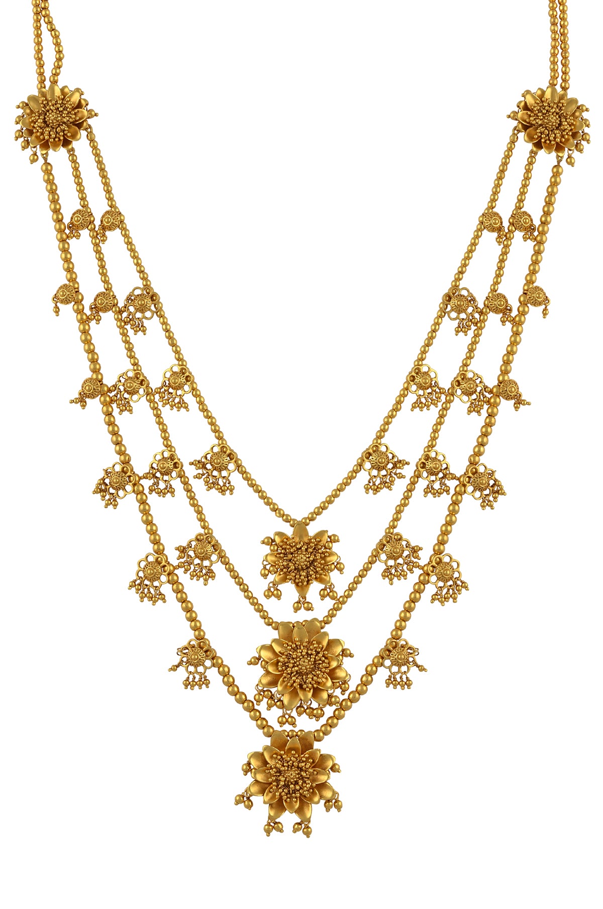 Buy beautiful gold plated floral layered necklace online in USA. Elevate your traditional look with royal Amrapali jewelry, silver plated jewelry, gold plated jewelry, gold plated necklace, silver earrings, silver bangles from Pure Elegance Indian fashion store in USA.-front