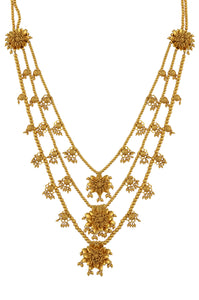 Buy beautiful gold plated floral layered necklace online in USA. Elevate your traditional look with royal Amrapali jewelry, silver plated jewelry, gold plated jewelry, gold plated necklace, silver earrings, silver bangles from Pure Elegance Indian fashion store in USA.-front