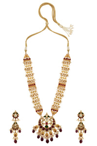 Buy multicolor glass and pearl long necklace online in USA with earrings. Elevate your traditional look with royal Amrapali jewelry, silver plated jewelry, gold plated jewelry, gold plated necklace, silver earrings, silver bangles from Pure Elegance Indian fashion store in USA.-front