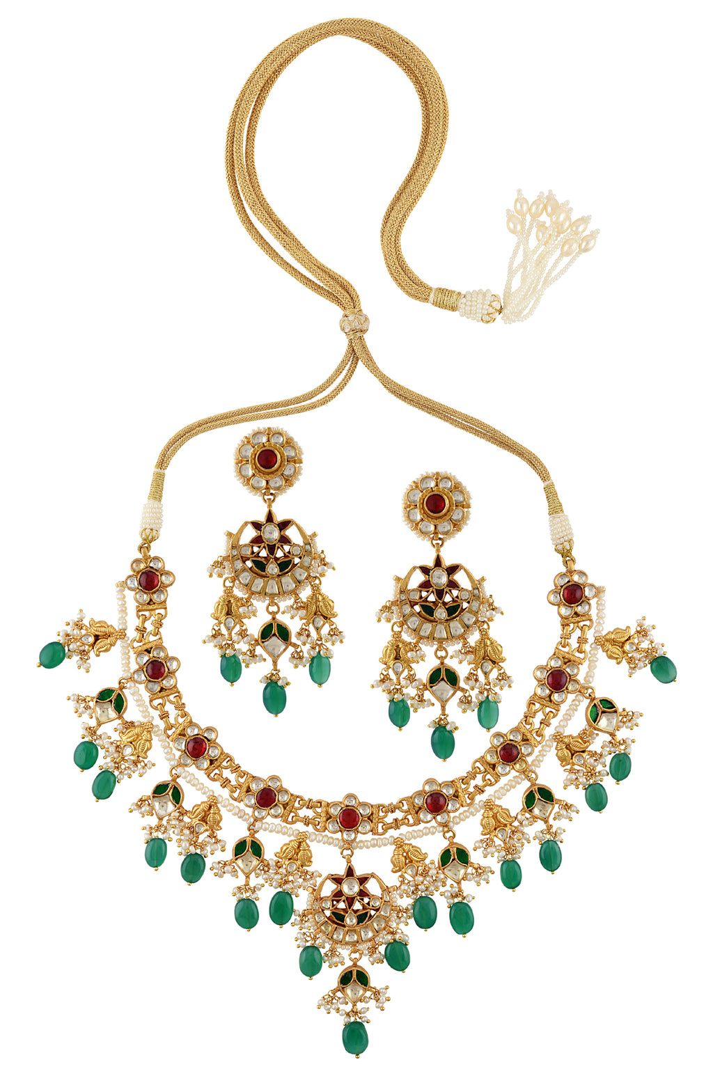 Shop multicolor glass and pearl necklace set online in USA with green stones. Elevate your traditional look with royal Amrapali jewelry, silver plated jewelry, gold plated jewelry, gold plated necklace, silver earrings, silver bangles from Pure Elegance Indian fashion store in USA.-front