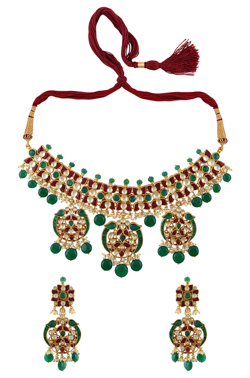 Shop stunning multicolor glass gold plated necklace set online in USA with earrings. Elevate your traditional look with royal Amrapali jewelry, silver plated jewelry, gold plated jewelry, gold plated necklace, silver earrings, silver bangles from Pure Elegance Indian fashion store in USA.-full view