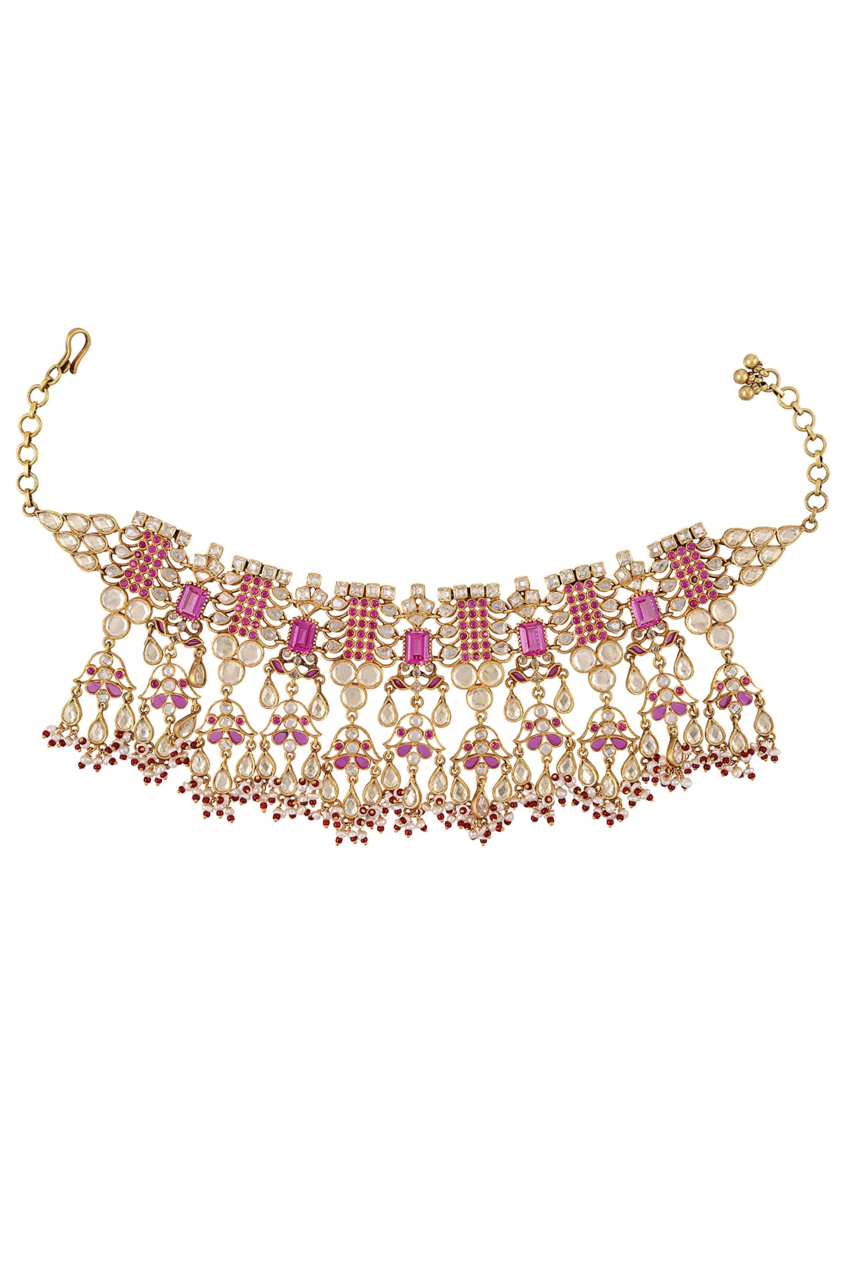 Shop pink and white glass gold plated choker necklace online in USA. Elevate your traditional look with royal Amrapali jewelry, silver plated jewelry, gold plated jewelry, gold plated necklace, silver earrings, silver bangles from Pure Elegance Indian fashion store in USA.-front