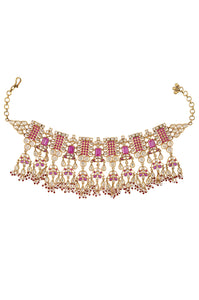 Shop pink and white glass gold plated choker necklace online in USA. Elevate your traditional look with royal Amrapali jewelry, silver plated jewelry, gold plated jewelry, gold plated necklace, silver earrings, silver bangles from Pure Elegance Indian fashion store in USA.-front