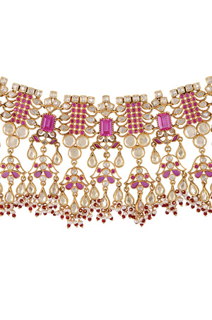 Shop pink and white glass gold plated choker necklace online in USA. Elevate your traditional look with royal Amrapali jewelry, silver plated jewelry, gold plated jewelry, gold plated necklace, silver earrings, silver bangles from Pure Elegance Indian fashion store in USA.-closeup