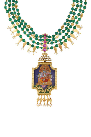 Buy gold plated green stone string necklace online in USA with painted pendant. Elevate your traditional look with royal Amrapali jewelry, silver plated jewelry, gold plated jewelry, gold plated necklace, silver earrings, silver bangles from Pure Elegance Indian fashion store in USA.-closeup