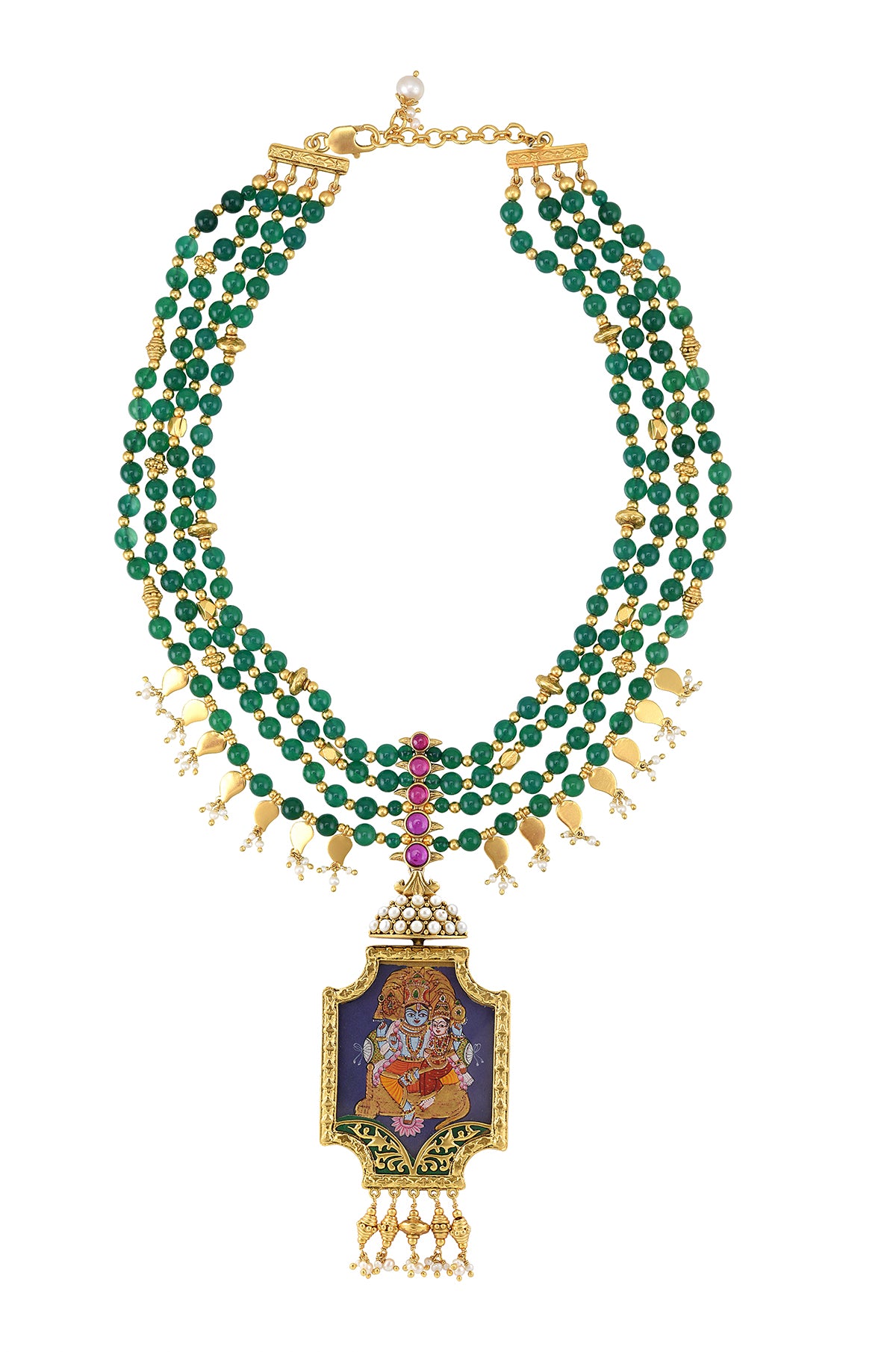 Buy gold plated green stone string necklace online in USA with painted pendant. Elevate your traditional look with royal Amrapali jewelry, silver plated jewelry, gold plated jewelry, gold plated necklace, silver earrings, silver bangles from Pure Elegance Indian fashion store in USA.-full view