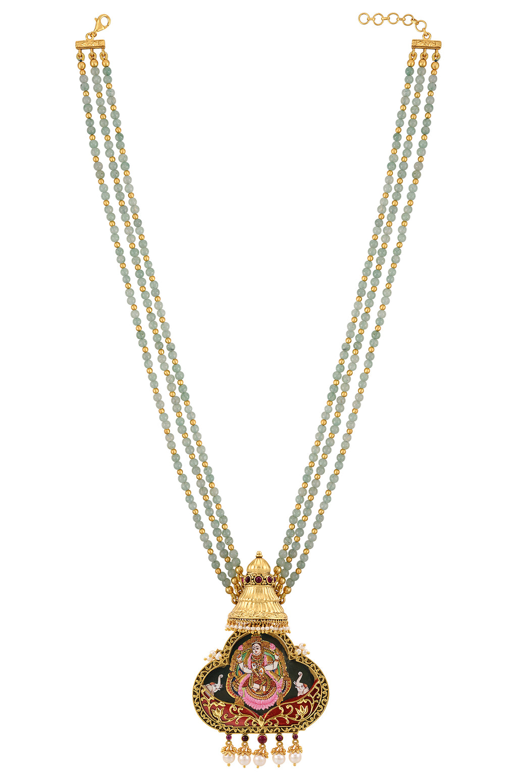 Shop stone strings gold plated multicolor pendant necklace online in USA. Elevate your traditional look with royal Amrapali jewelry, silver plated jewelry, gold plated jewelry, gold plated necklace, silver earrings, silver bangles from Pure Elegance Indian fashion store in USA.-front