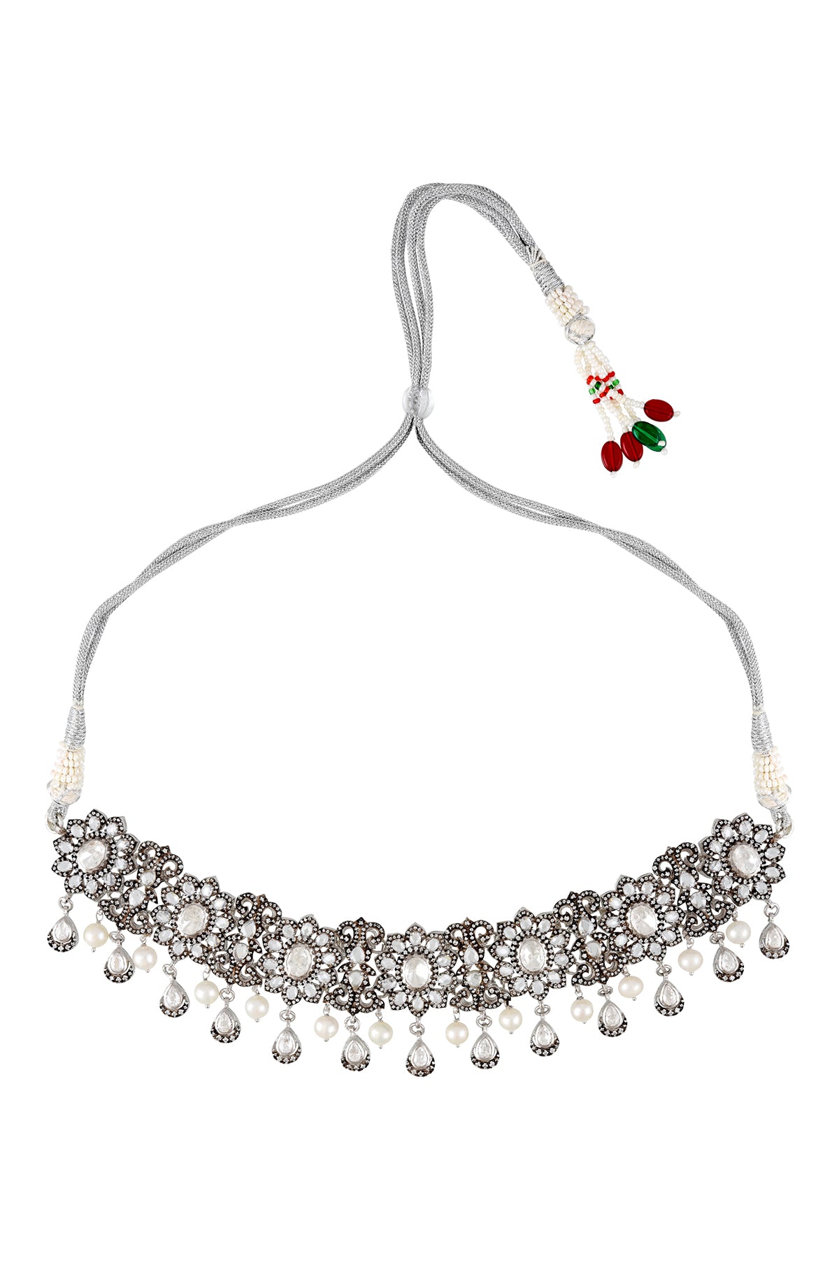 Shop glass pearl and zircon handcrafted silver necklace set online in USA. Elevate your traditional look with royal Amrapali jewelry, silver plated jewelry, gold plated jewelry, gold plated necklace, silver earrings, silver bangles from Pure Elegance Indian fashion store in USA.-necklace