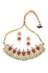 Shop multicolor floral gold plated necklace online in USA with earrings. Elevate your traditional look with royal Amrapali jewelry, silver plated jewelry, gold plated jewelry, gold plated necklace, silver earrings, silver bangles from Pure Elegance Indian fashion store in USA.-front