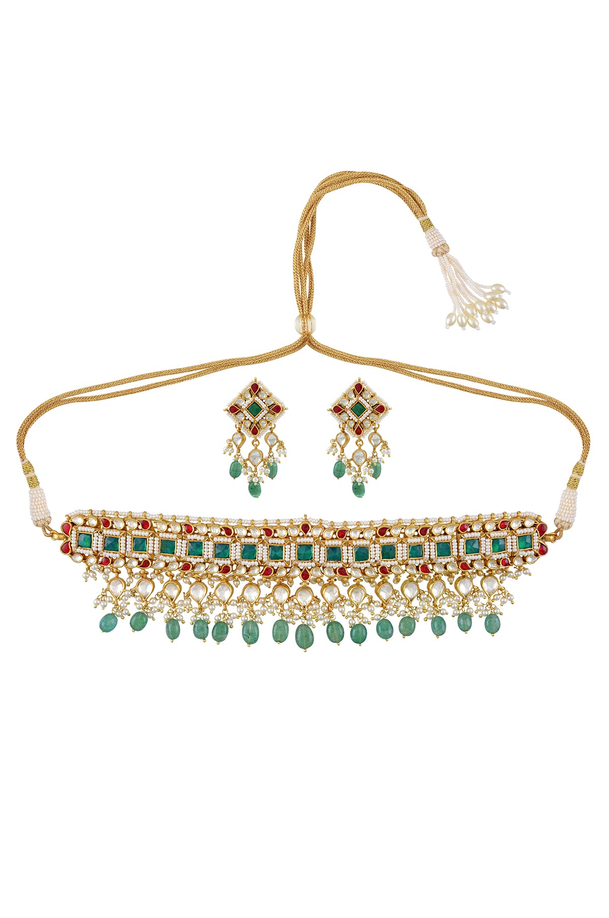 Shop gold plated multi glass and pearl choker necklace online in USA. Elevate your traditional look with royal Amrapali jewelry, silver plated jewelry, gold plated jewelry, gold plated necklace, silver earrings, silver bangles from Pure Elegance Indian fashion store in USA.-front