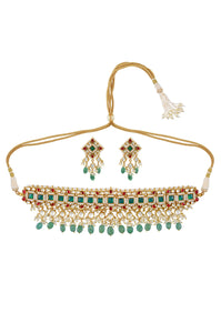 Shop gold plated multi glass and pearl choker necklace online in USA. Elevate your traditional look with royal Amrapali jewelry, silver plated jewelry, gold plated jewelry, gold plated necklace, silver earrings, silver bangles from Pure Elegance Indian fashion store in USA.-front