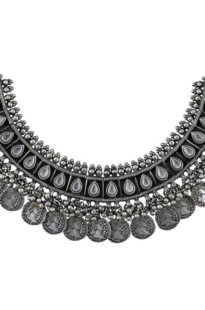 Buy beautiful black enamel silver coin necklace online in USA. Elevate your traditional look with royal Amrapali jewelry, silver plated jewelry, gold plated jewelry, gold plated necklace, silver earrings, silver bangles from Pure Elegance Indian fashion store in USA.-full view