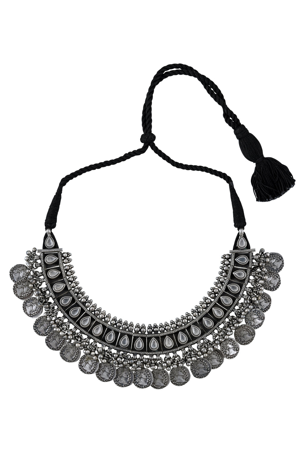 Buy beautiful black enamel silver coin necklace online in USA. Elevate your traditional look with royal Amrapali jewelry, silver plated jewelry, gold plated jewelry, gold plated necklace, silver earrings, silver bangles from Pure Elegance Indian fashion store in USA.-necklace