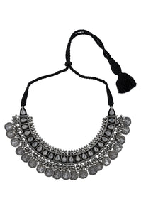 Buy beautiful black enamel silver coin necklace online in USA. Elevate your traditional look with royal Amrapali jewelry, silver plated jewelry, gold plated jewelry, gold plated necklace, silver earrings, silver bangles from Pure Elegance Indian fashion store in USA.-necklace