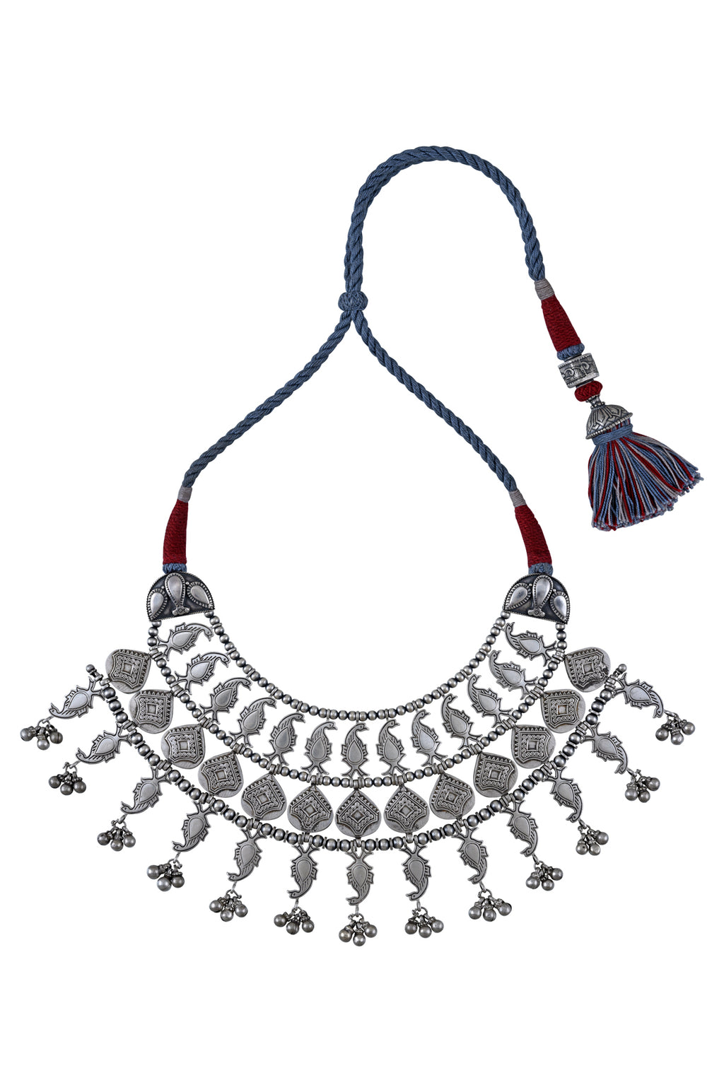 Shop stunning heavy silver jaali necklace online in USA. Elevate your traditional look with royal Amrapali jewelry, silver plated jewelry, gold plated jewelry, gold plated necklace, silver earrings, silver bangles from Pure Elegance Indian fashion store in USA.-full view