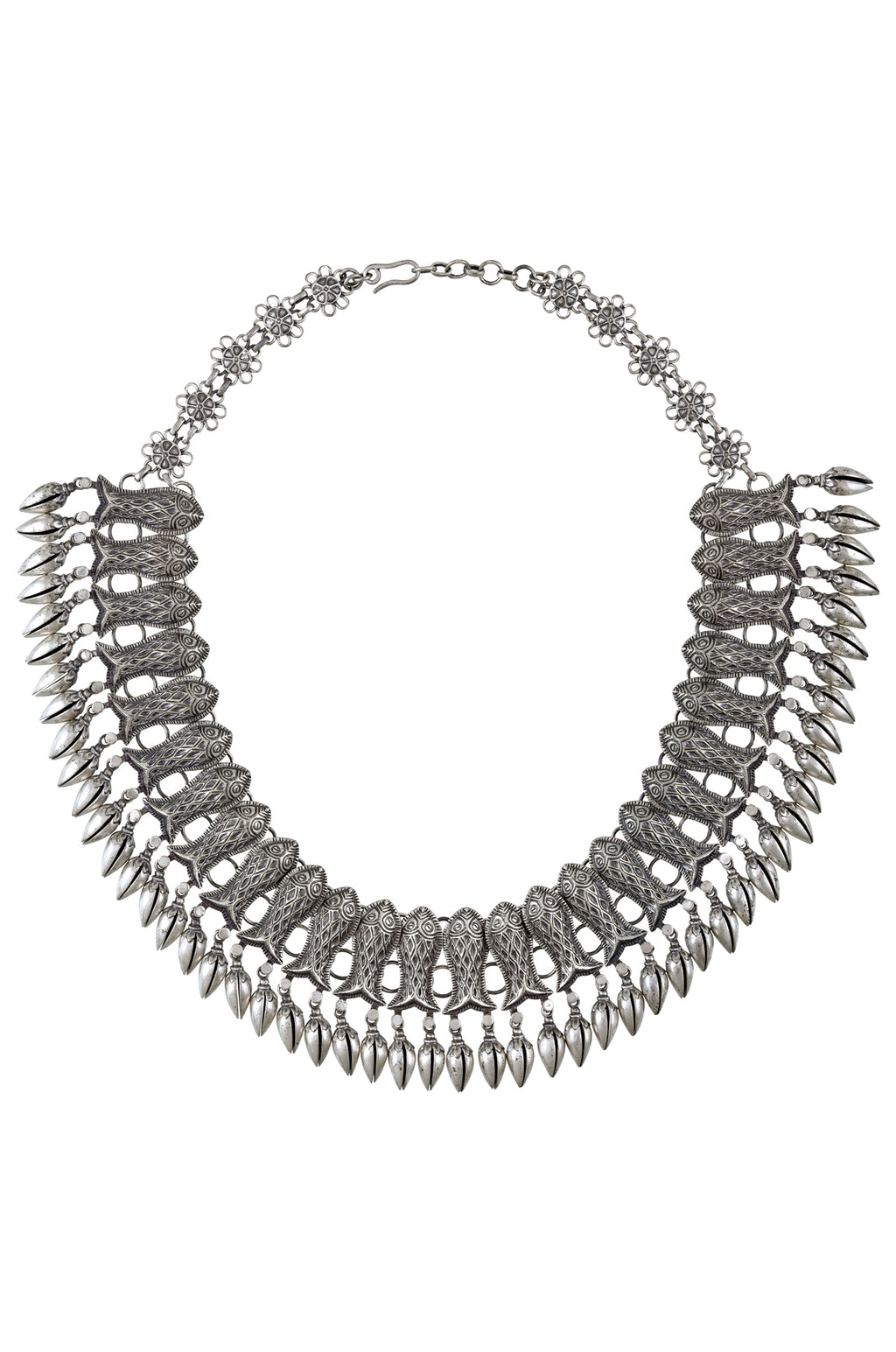 Buy stunning silver fish necklace online in USA. Elevate your traditional look with royal Amrapali jewelry, silver plated jewelry, gold plated jewelry, gold plated necklace, silver earrings, silver bangles from Pure Elegance Indian fashion store in USA.-full view