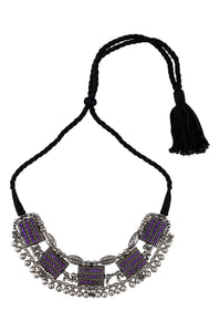 Buy Amrapali purple glass antique silver thread necklace online in USA. Elevate your traditional look with royal Amrapali jewelry, silver plated jewelry, gold plated jewelry, gold plated necklace, silver earrings, silver bangles from Pure Elegance Indian fashion store in USA.-full view