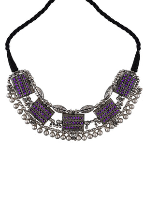 Buy Amrapali purple glass antique silver thread necklace online in USA. Elevate your traditional look with royal Amrapali jewelry, silver plated jewelry, gold plated jewelry, gold plated necklace, silver earrings, silver bangles from Pure Elegance Indian fashion store in USA.-closeup