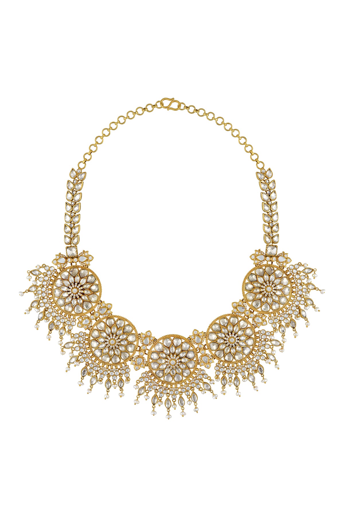 Buy Amrapali heavy glass motifs gold plated necklace online in USA. Elevate your traditional look with royal Amrapali jewelry, silver plated jewelry, gold plated jewelry, gold plated necklace, silver earrings, silver bangles from Pure Elegance Indian fashion store in USA.-full view