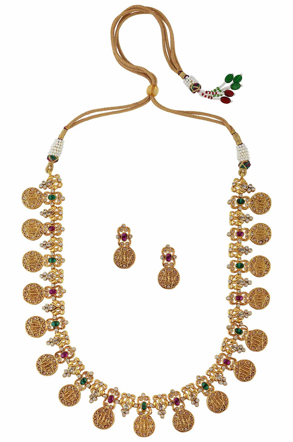 Buy handcrafted traditional gold plated coin necklace set online in USA. Elevate your traditional look with royal Amrapali jewelry, silver plated jewelry, gold plated jewelry, gold plated necklace, silver earrings, silver bangles from Pure Elegance Indian fashion store in USA.-full view