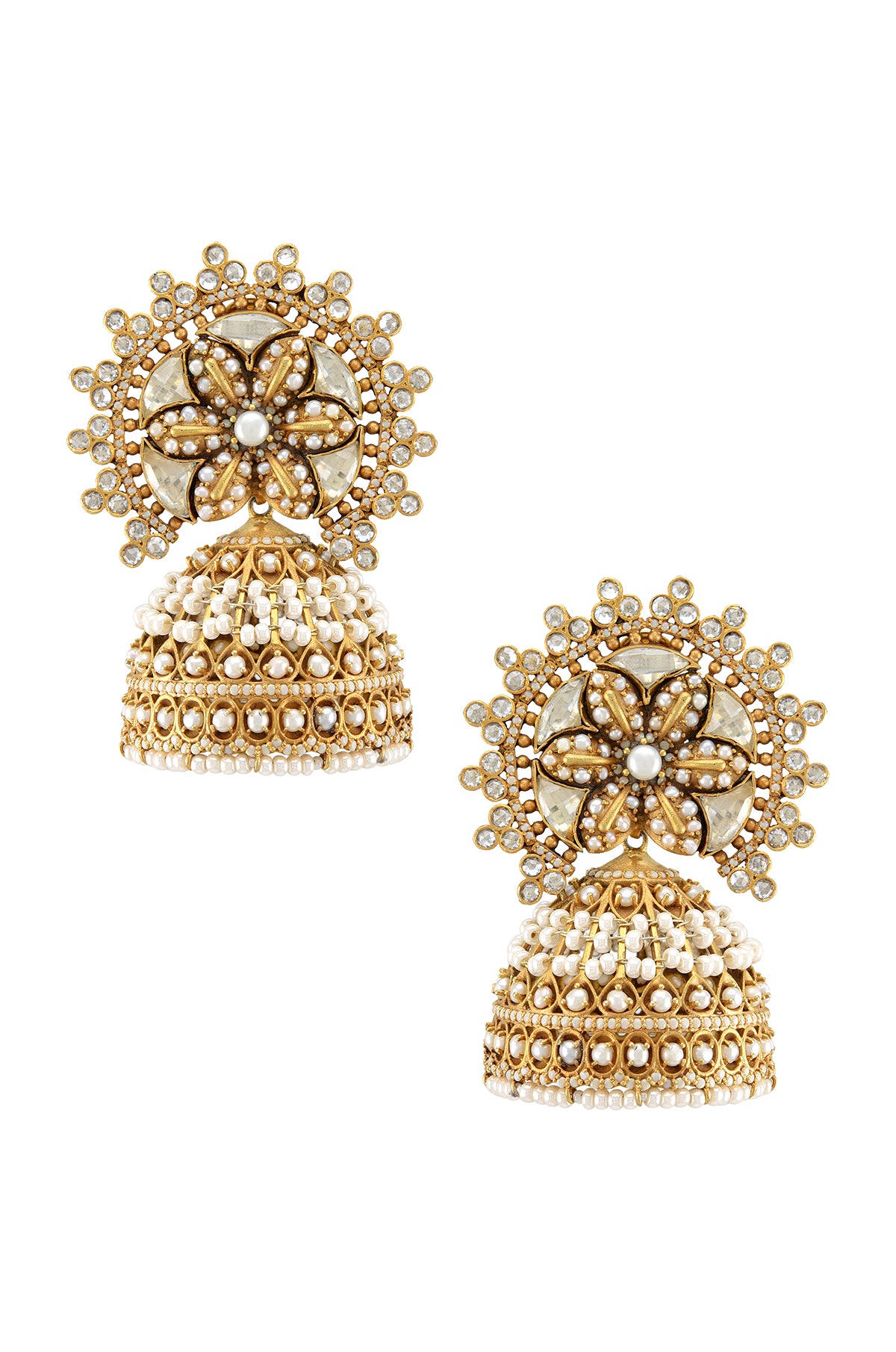 Shop Amrapali gold plated pearl and glass jhumka earrings online in USA. Elevate your traditional look with royal Amrapali jewelry, silver plated jewelry, gold plated jewelry, gold plated necklace, silver earrings, silver bangles from Pure Elegance Indian fashion store in USA.-front