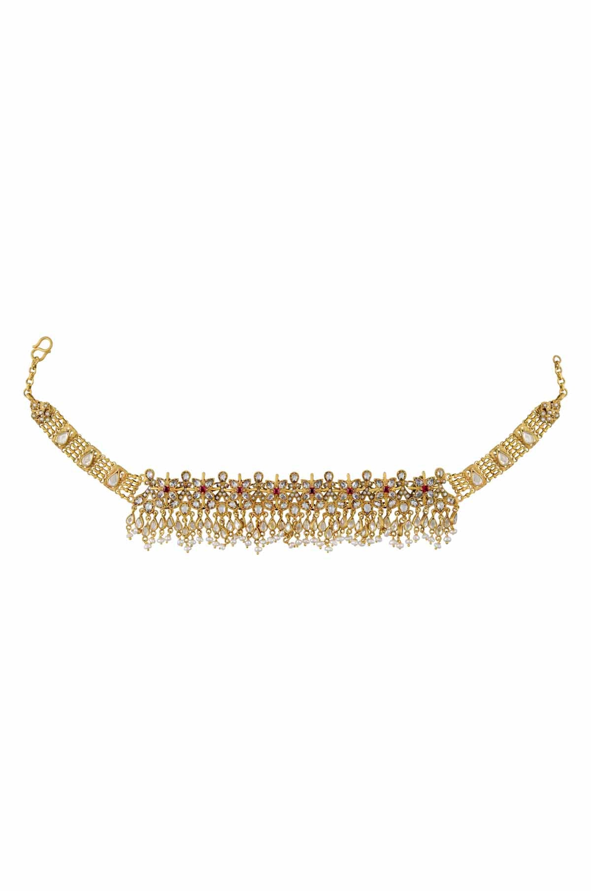 Buy gold plated white glass and pearl choker necklace online in USA. Elevate your traditional look with royal Amrapali jewelry, silver plated jewelry, gold plated jewelry, gold plated necklace, silver earrings, silver bangles from Pure Elegance Indian fashion store in USA.-full view