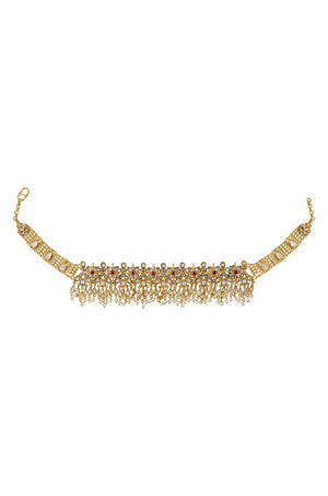 Buy gold plated white glass and pearl choker necklace online in USA. Elevate your traditional look with royal Amrapali jewelry, silver plated jewelry, gold plated jewelry, gold plated necklace, silver earrings, silver bangles from Pure Elegance Indian fashion store in USA.-full view